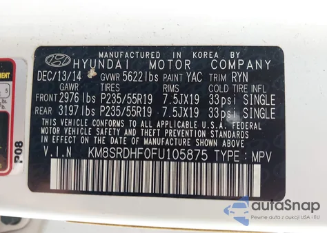 2015 Hyundai Santa Fe Gls from USA, damaged, VIN KM8SRDHF0FU105875